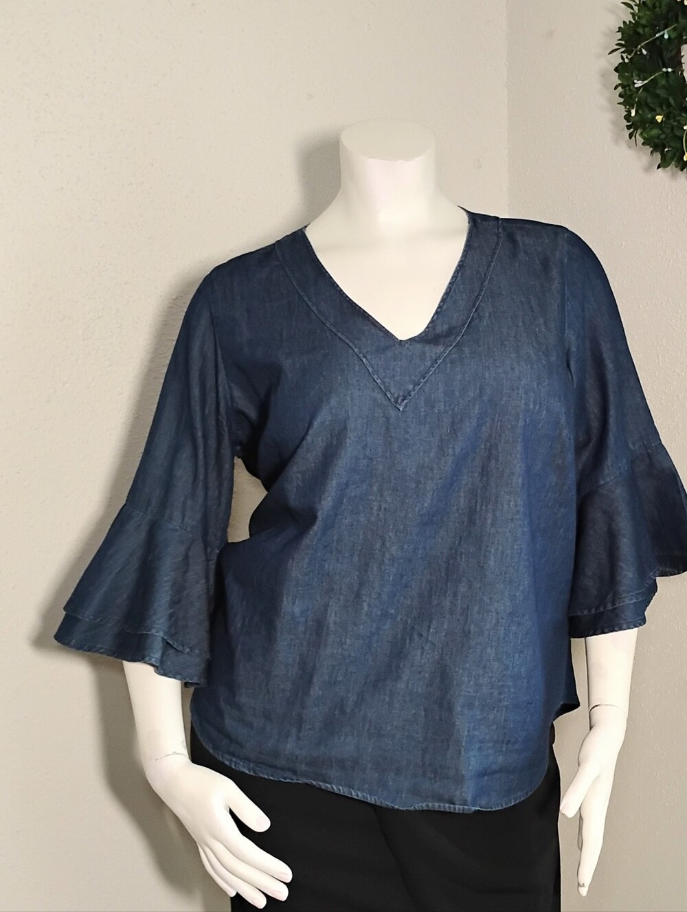 Plus Size Denim V-Neck Ruffle Sleeve Top - Blue